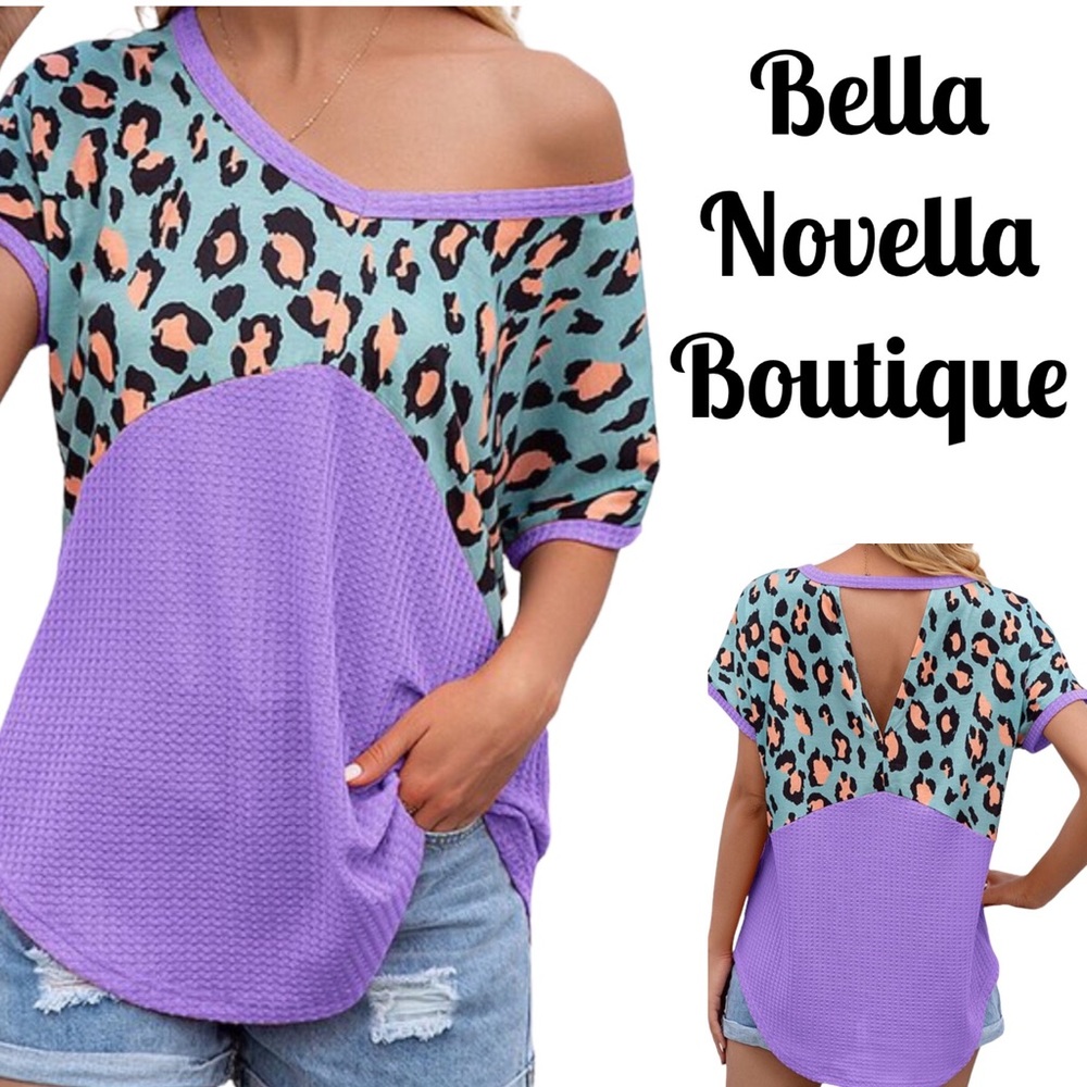 Leopard Print Cut Waffle Knit Out Tee Lavender & Turquoise